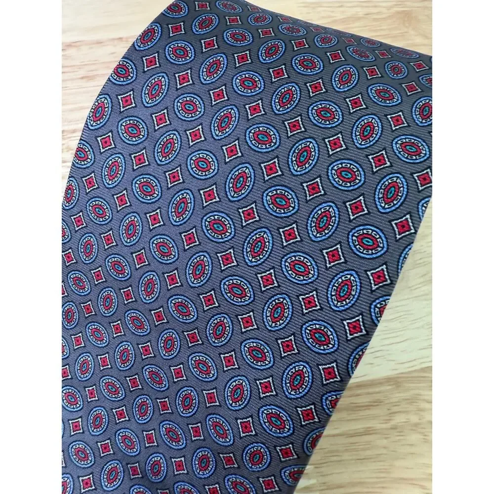 Claybrooke Men's 100% Silk Neck Tie Steel Blue Red Geometric